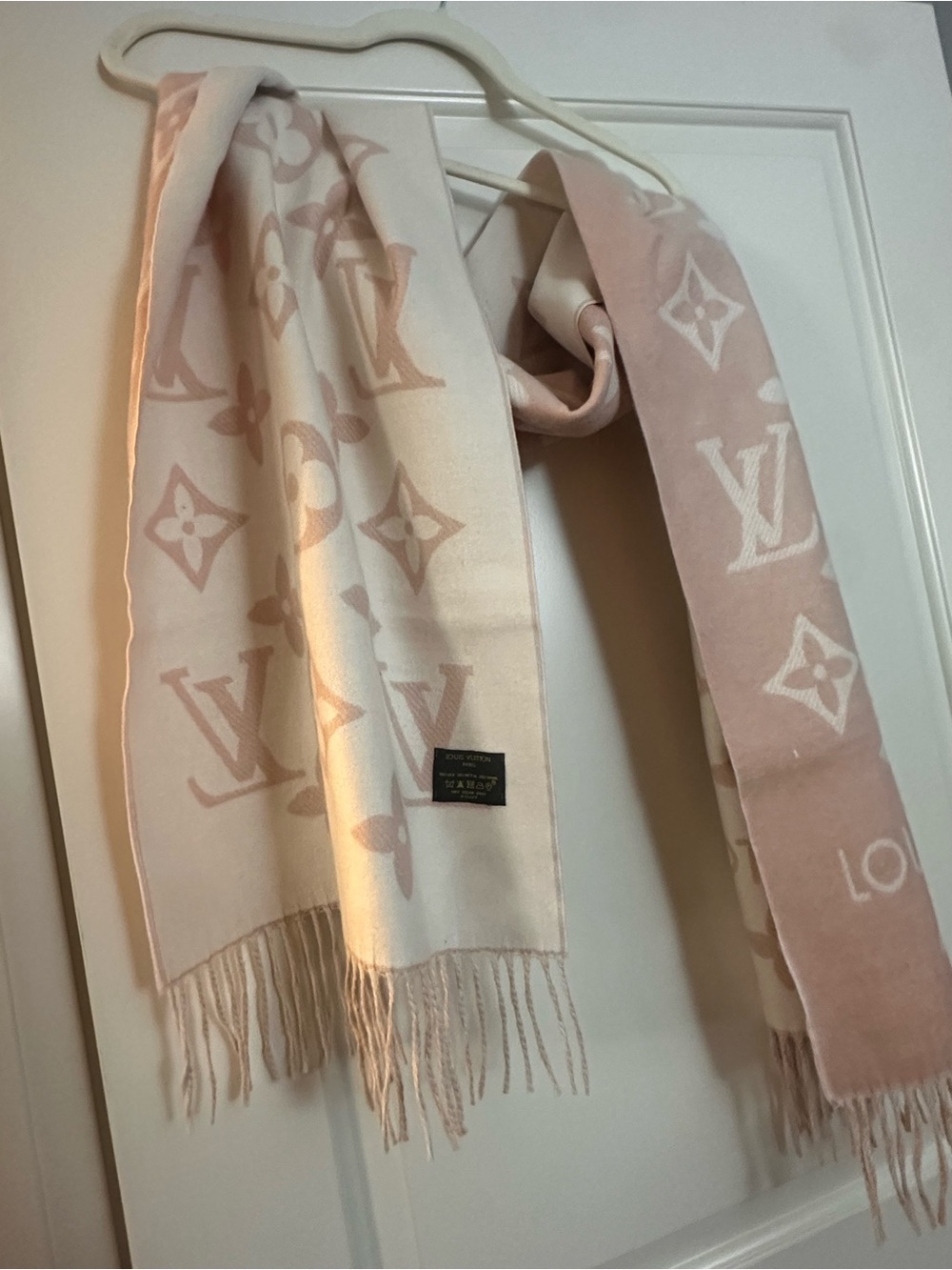 FASHION INSPO Cream & Pink Monogram Wool Blend Scarf